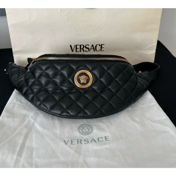 Versace Handbags - Versace Women's Medusa Quilted Leather Belt Bag Fanny Pack Black Gold